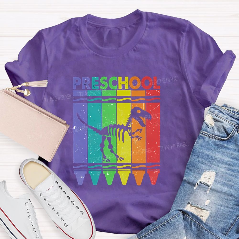 Personalized Grade Rainbow Crayon Dinosaur Skeleton Preschool Teacher T-shirt