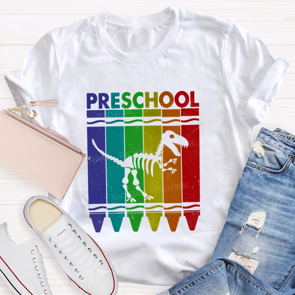 Personalized Grade Rainbow Crayon Dinosaur Skeleton Preschool Teacher T-shirt