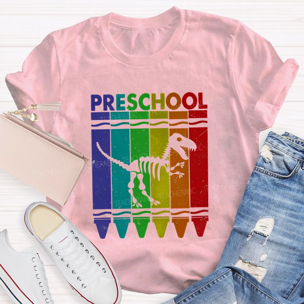 Personalized Grade Rainbow Crayon Dinosaur Skeleton Preschool Teacher T-shirt