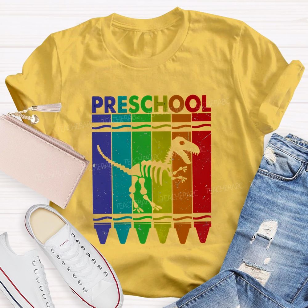 Personalized Grade Rainbow Crayon Dinosaur Skeleton Preschool Teacher T-shirt
