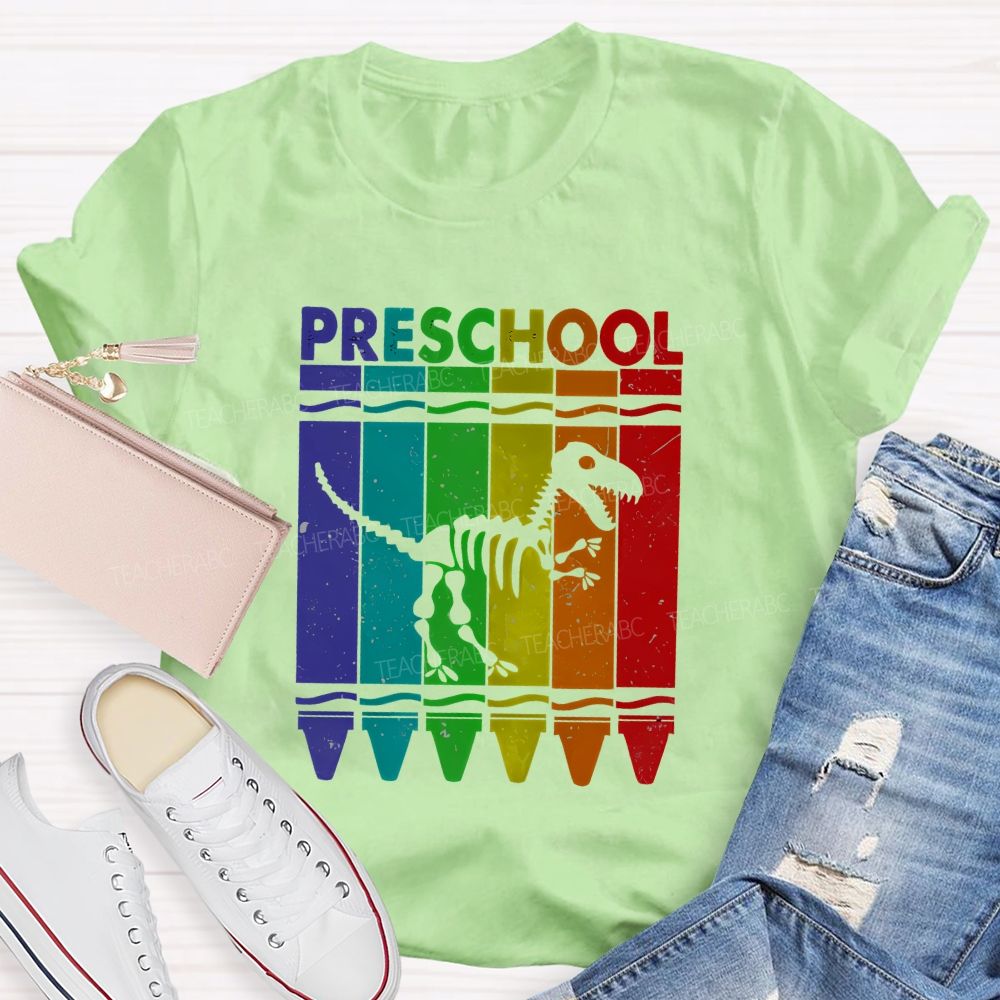 Personalized Grade Rainbow Crayon Dinosaur Skeleton Preschool Teacher T-shirt