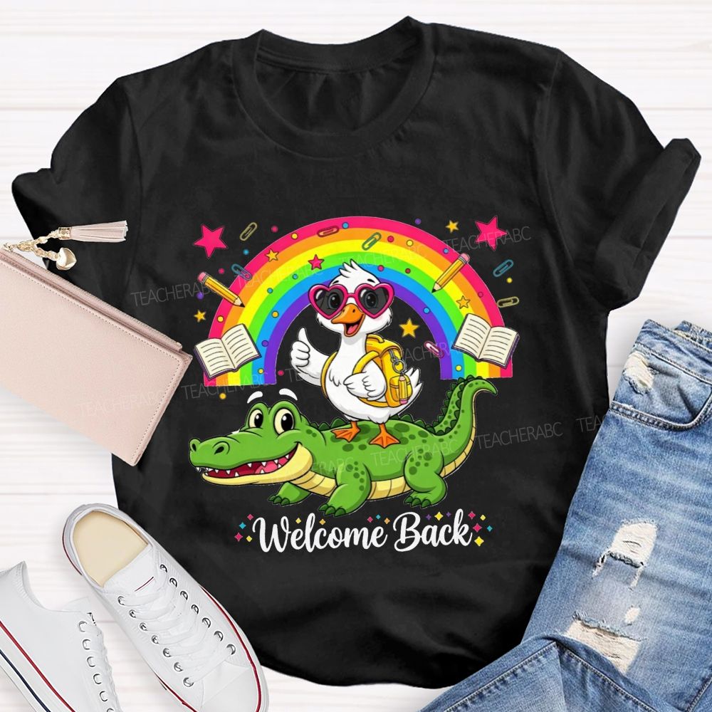 Welcome Back Duck On Crocodile Rainbow School Teacher T-shirt