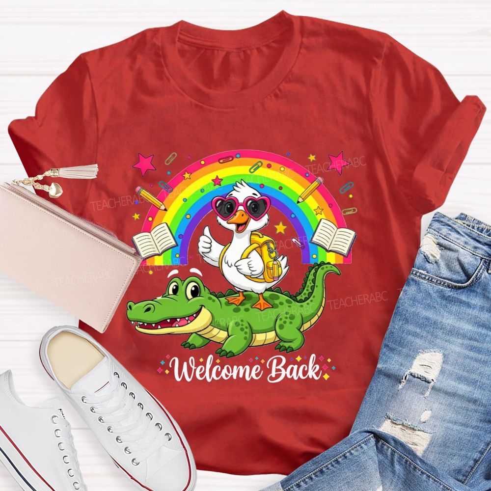Welcome Back Duck On Crocodile Rainbow School Teacher T-shirt