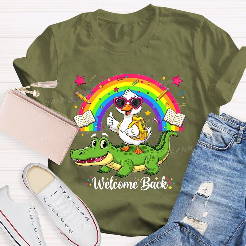 Welcome Back Duck On Crocodile Rainbow School Teacher T-shirt