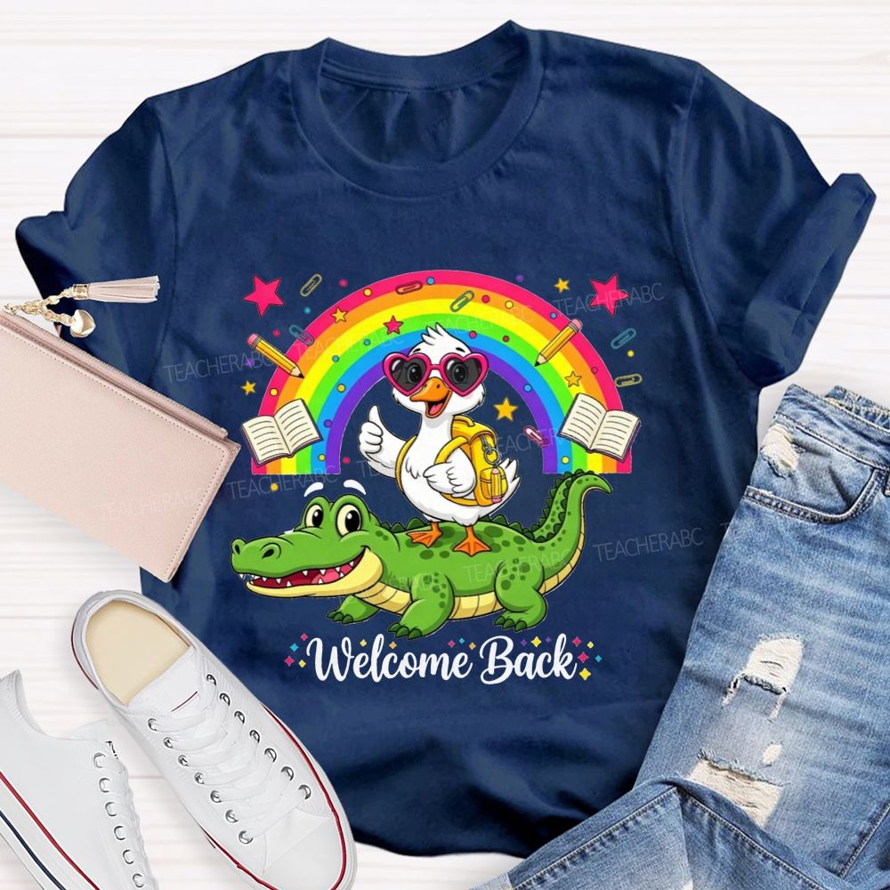 Welcome Back Duck On Crocodile Rainbow School Teacher T-shirt