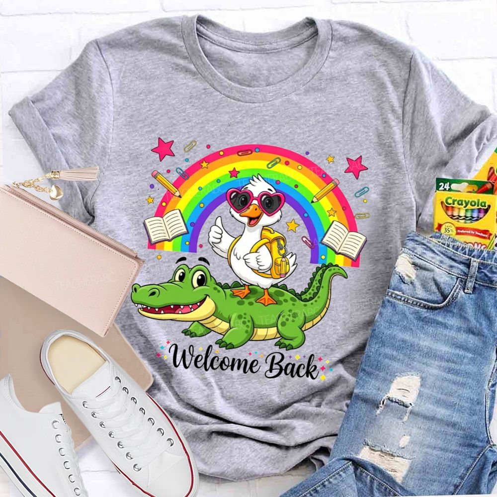 Welcome Back Duck On Crocodile Rainbow School Teacher T-shirt