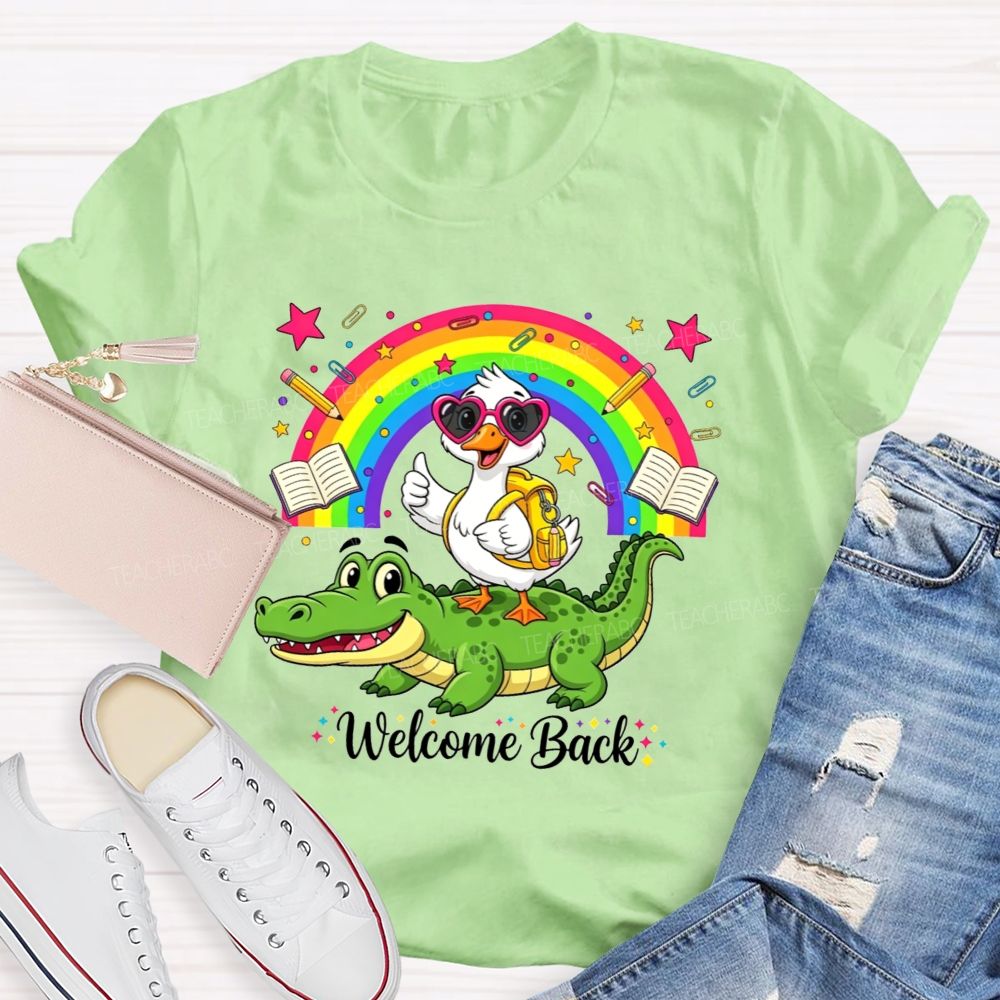 Welcome Back Duck On Crocodile Rainbow School Teacher T-shirt