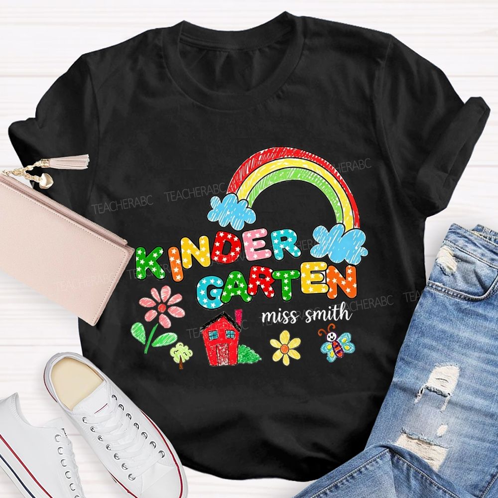 Personalized Name Kindergarten Crayon Rainbow Floral Teacher T-shirt