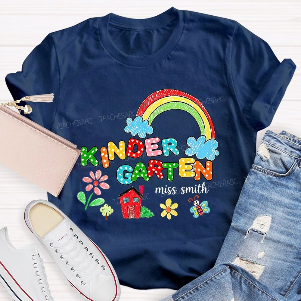 Personalized Name Kindergarten Crayon Rainbow Floral Teacher T-shirt