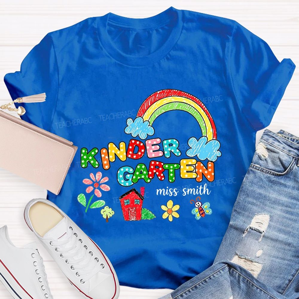 Personalized Name Kindergarten Crayon Rainbow Floral Teacher T-shirt