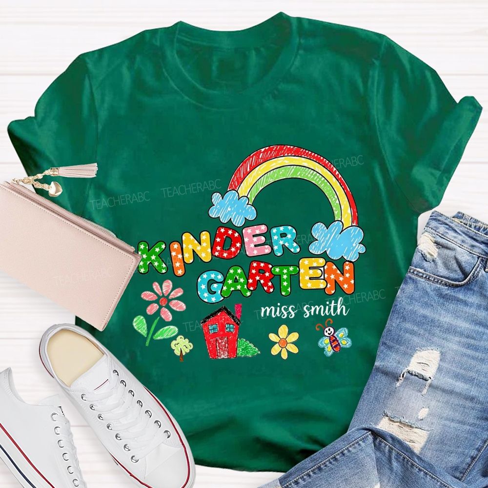 Personalized Name Kindergarten Crayon Rainbow Floral Teacher T-shirt
