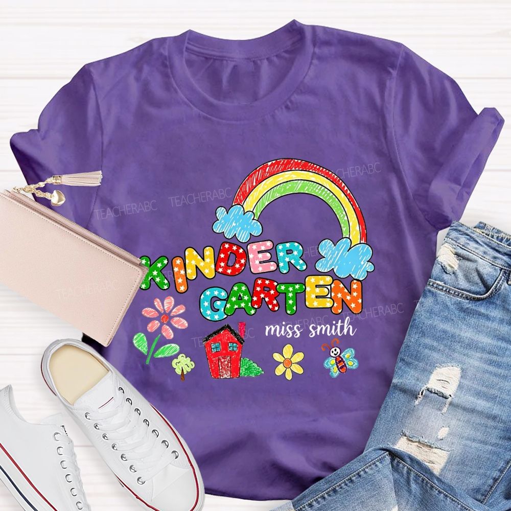 Personalized Name Kindergarten Crayon Rainbow Floral Teacher T-shirt
