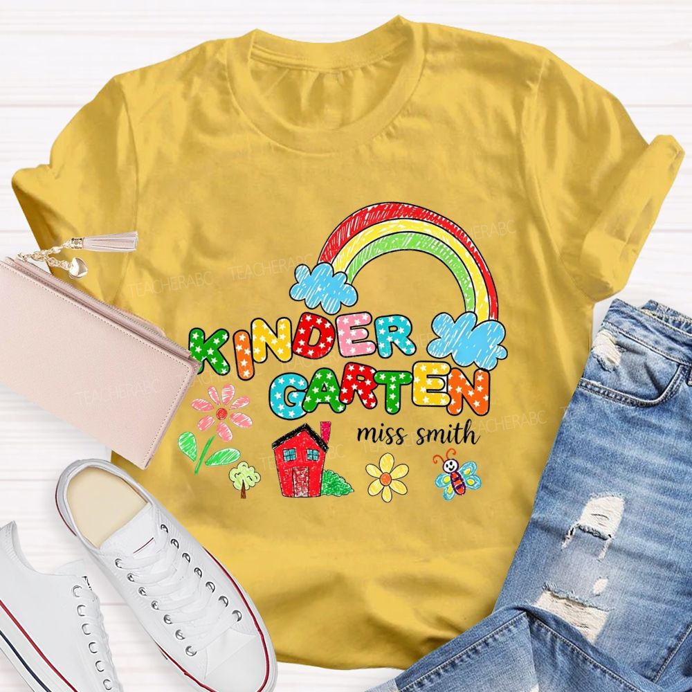 Personalized Name Kindergarten Crayon Rainbow Floral Teacher T-shirt
