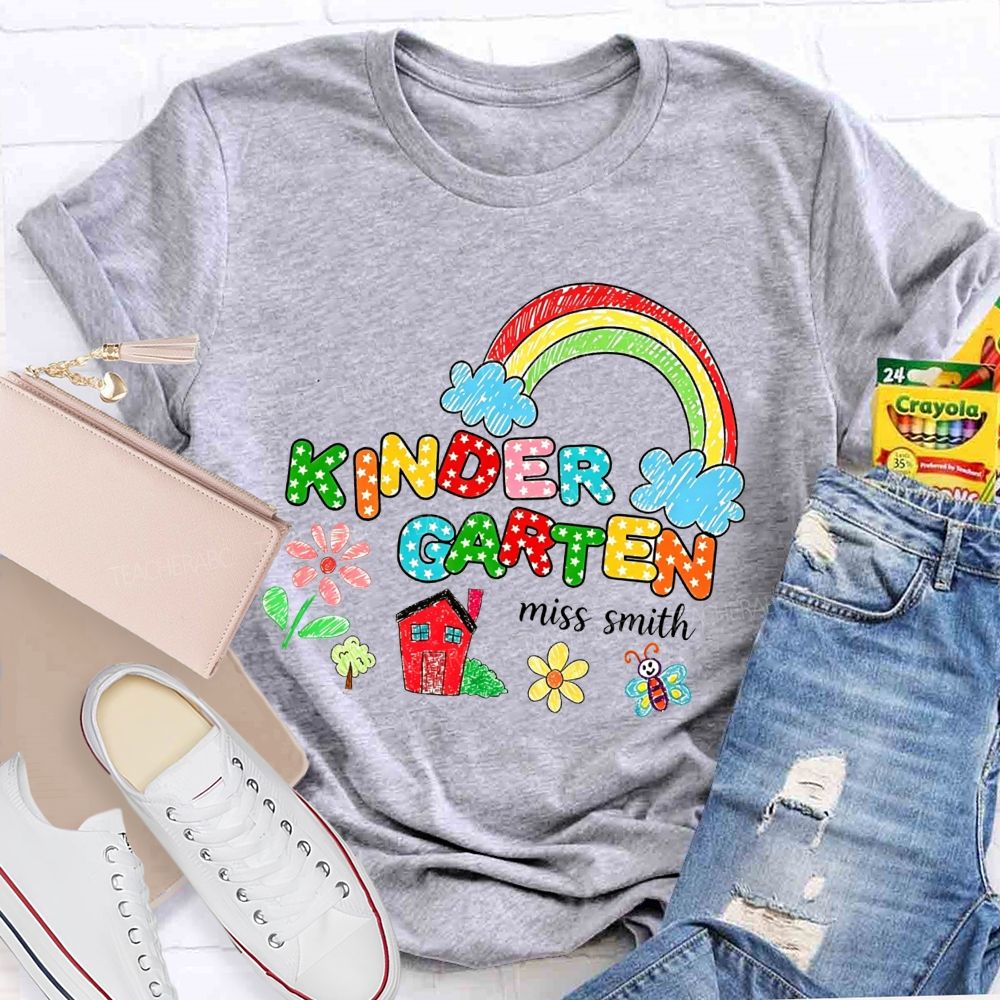 Personalized Name Kindergarten Crayon Rainbow Floral Teacher T-shirt