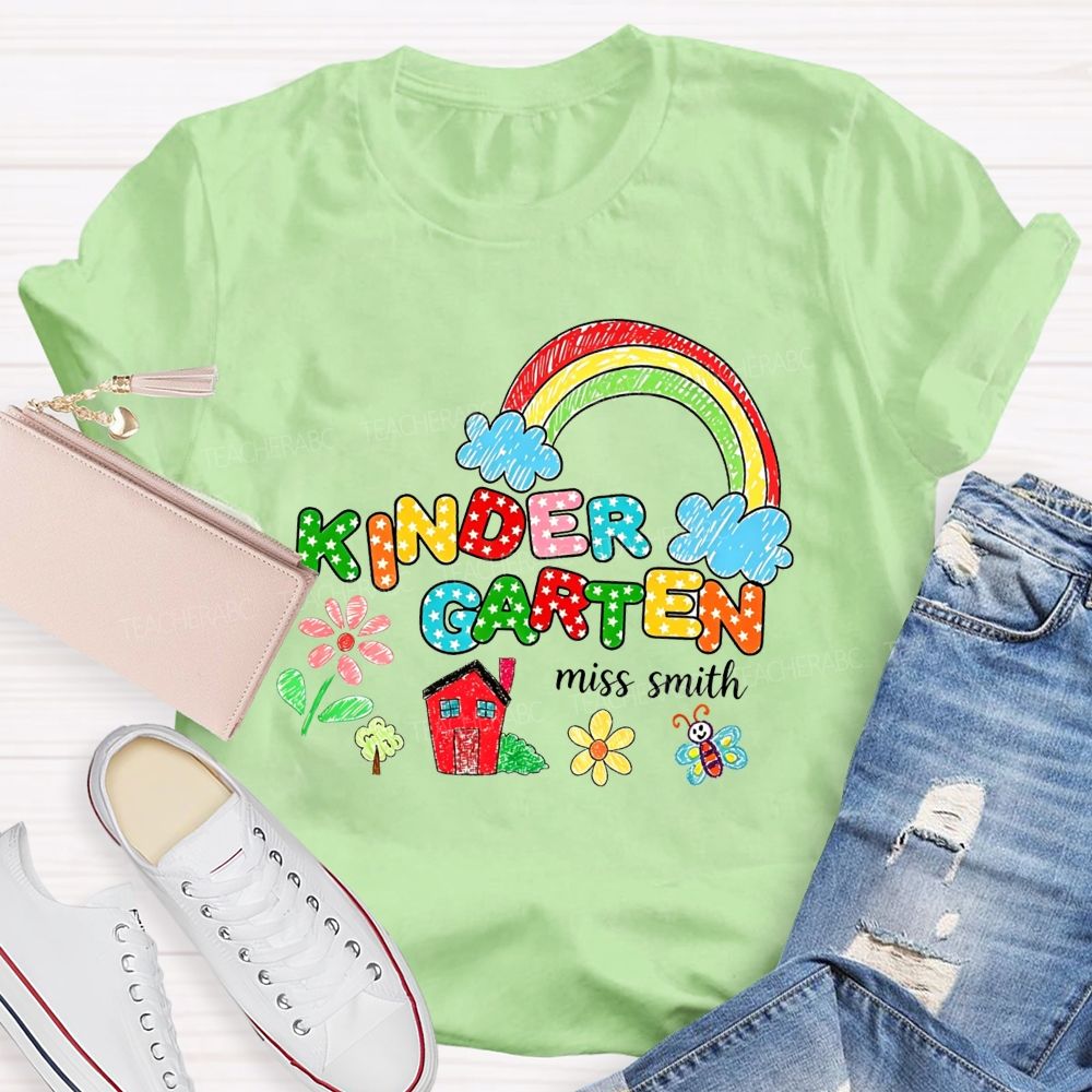Personalized Name Kindergarten Crayon Rainbow Floral Teacher T-shirt