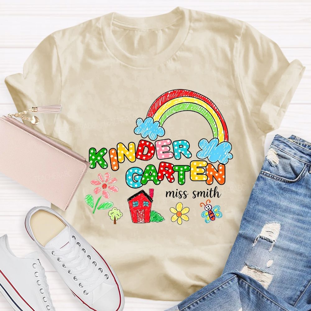 Personalized Name Kindergarten Crayon Rainbow Floral Teacher T-shirt
