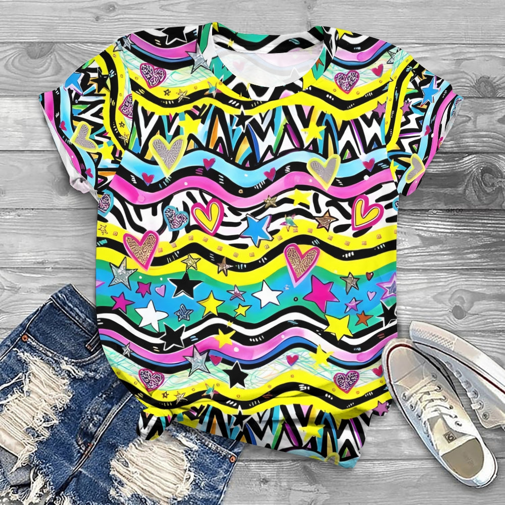 Colorful Striped Star Heart Printed T-Shirt