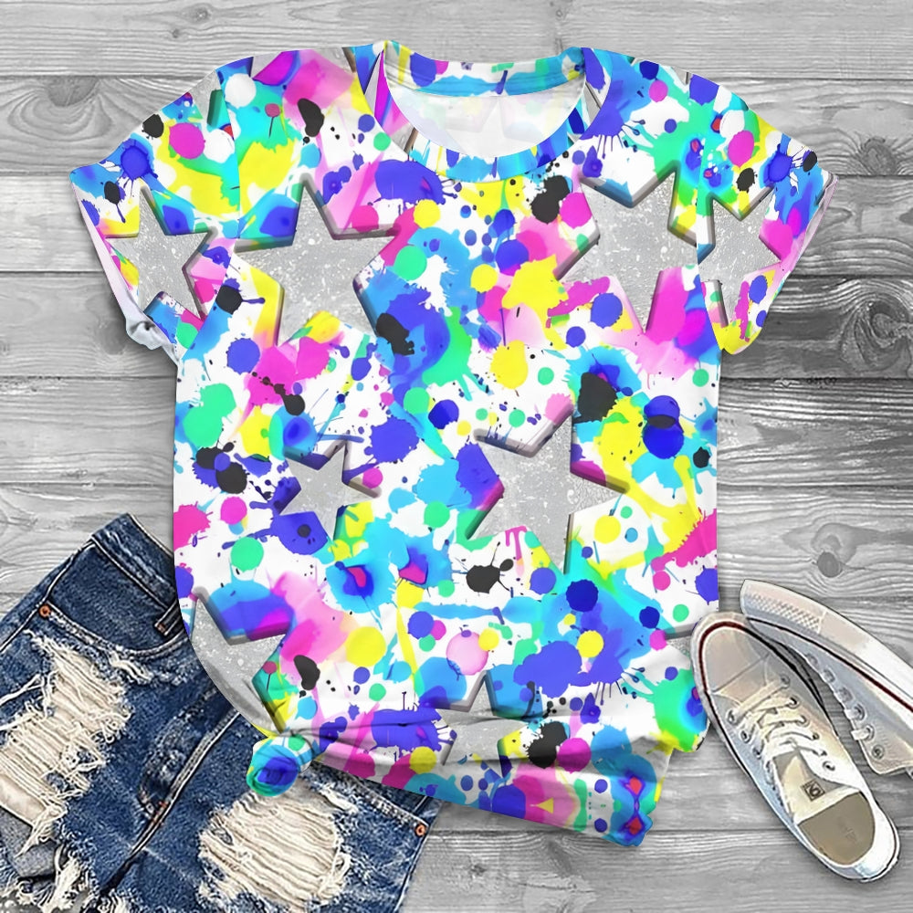 Blue-Rendered Five-Pointed Star Printed T-shirt
