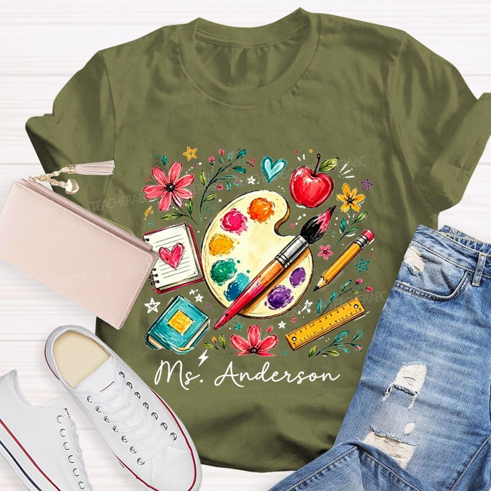 Personalized Name Art Teacher Watercolor Art Supply Floral T-shirt