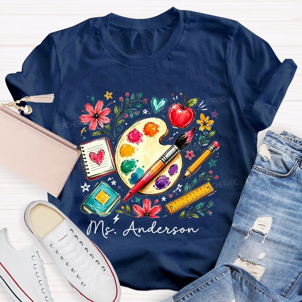 Personalized Name Art Teacher Watercolor Art Supply Floral T-shirt
