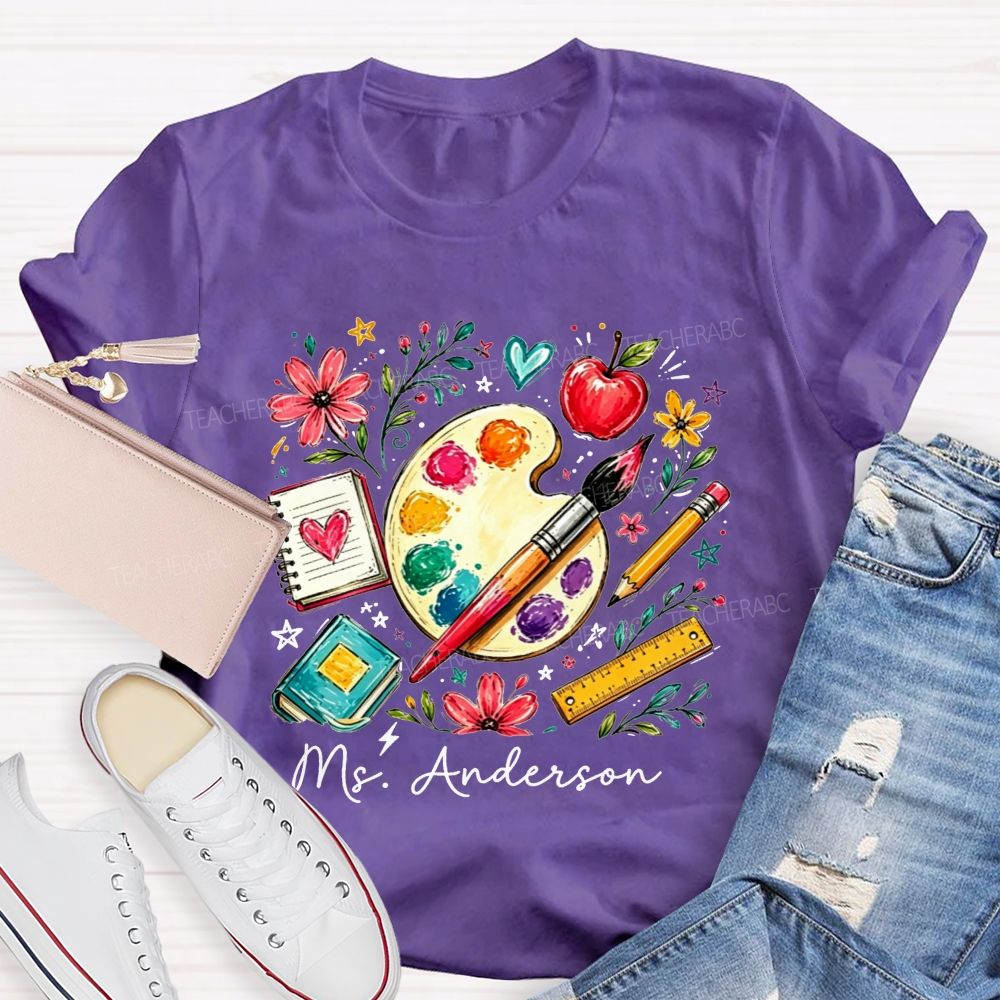 Personalized Name Art Teacher Watercolor Art Supply Floral T-shirt