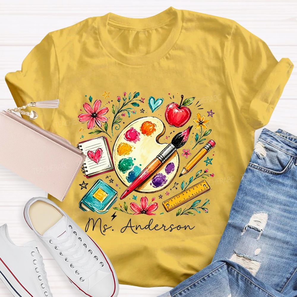 Personalized Name Art Teacher Watercolor Art Supply Floral T-shirt