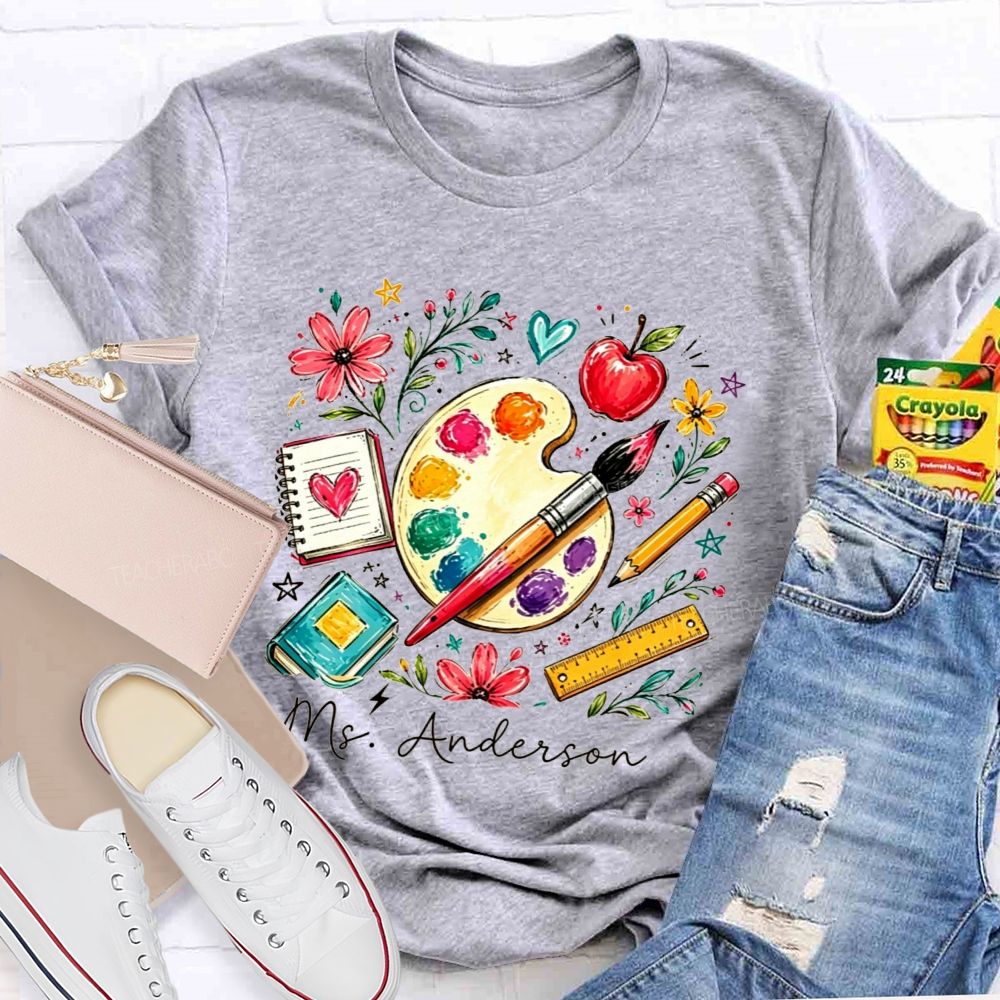 Personalized Name Art Teacher Watercolor Art Supply Floral T-shirt