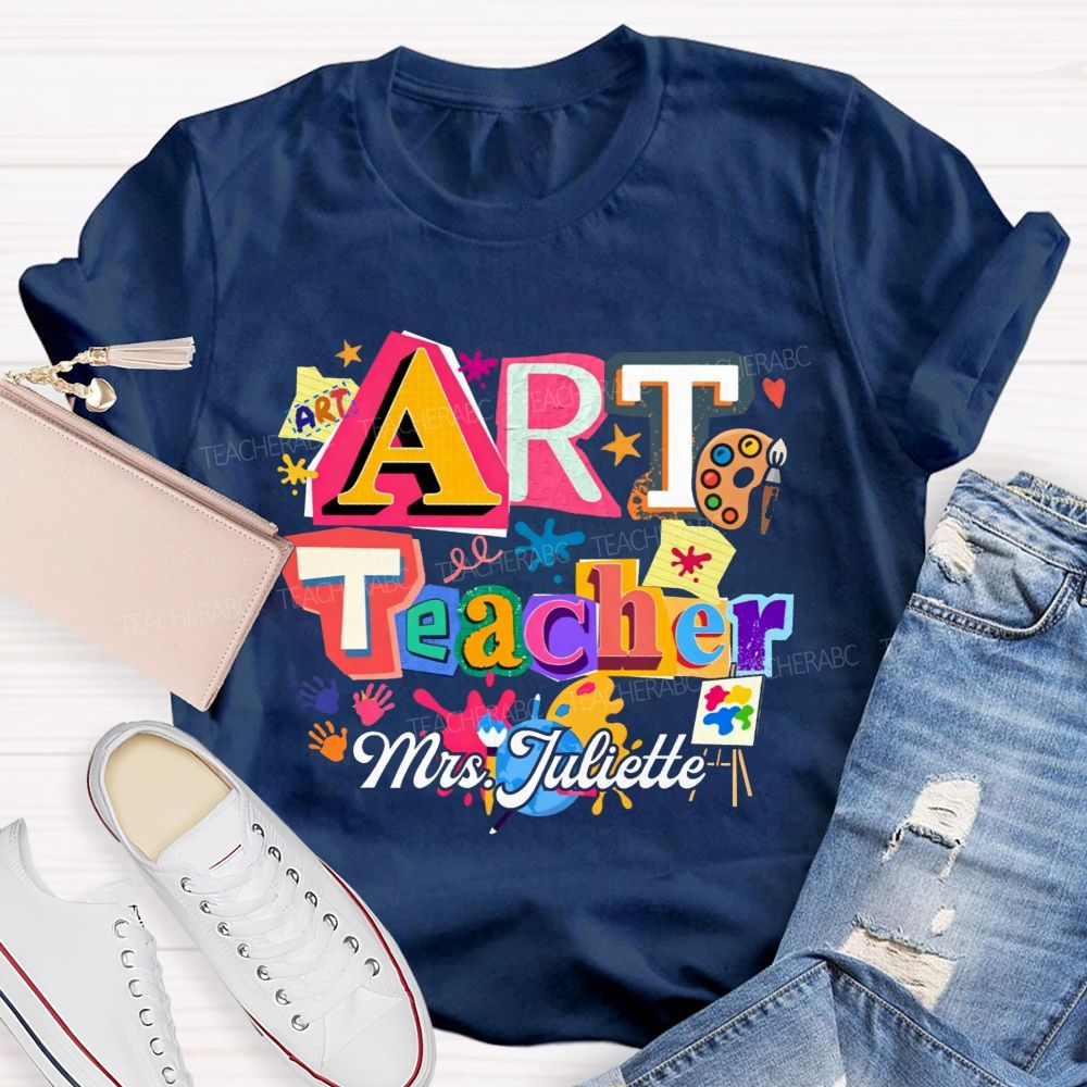 Personalized Name Art Teacher Paint Splatter Handprint T-shirt