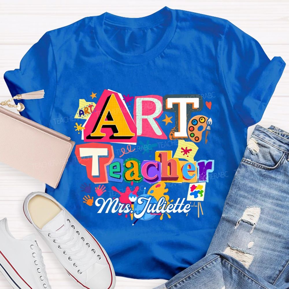Personalized Name Art Teacher Paint Splatter Handprint T-shirt