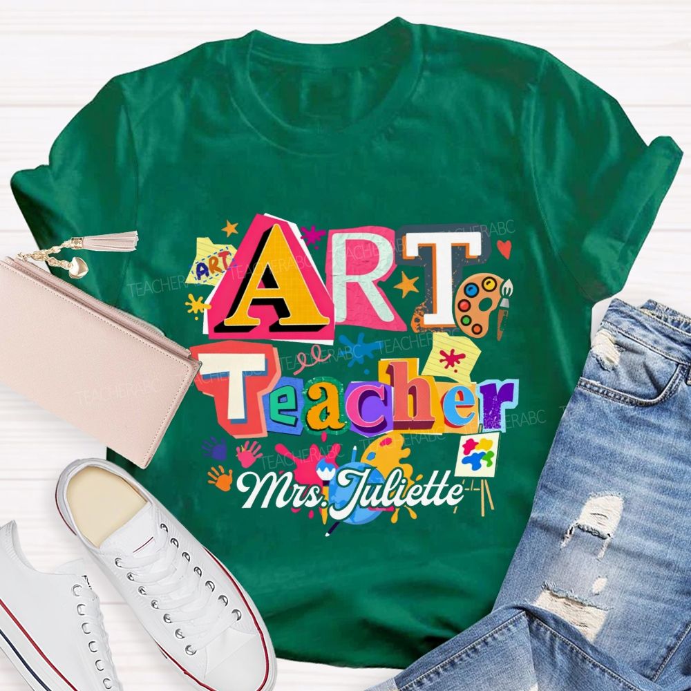 Personalized Name Art Teacher Paint Splatter Handprint T-shirt