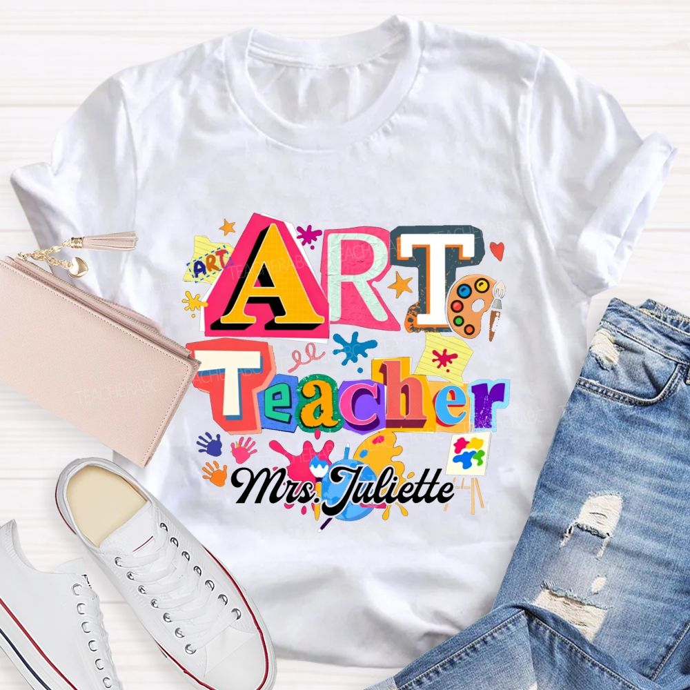 Personalized Name Art Teacher Paint Splatter Handprint T-shirt
