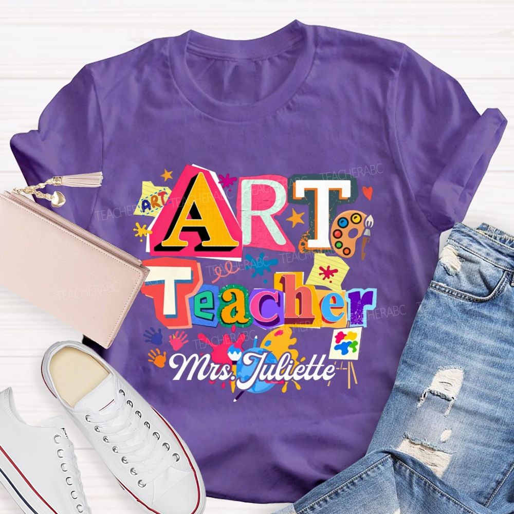 Personalized Name Art Teacher Paint Splatter Handprint T-shirt
