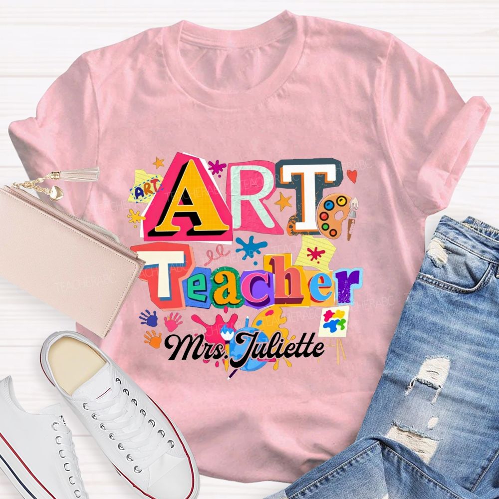 Personalized Name Art Teacher Paint Splatter Handprint T-shirt