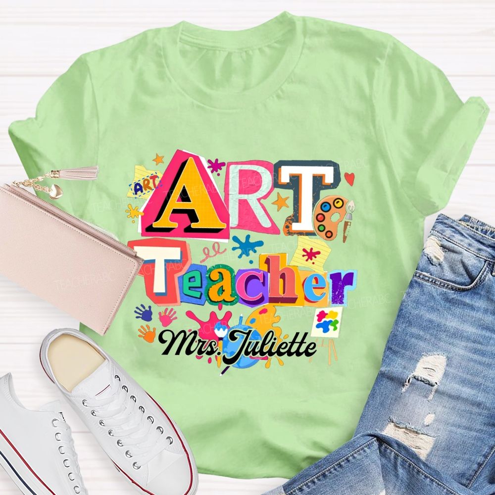 Personalized Name Art Teacher Paint Splatter Handprint T-shirt