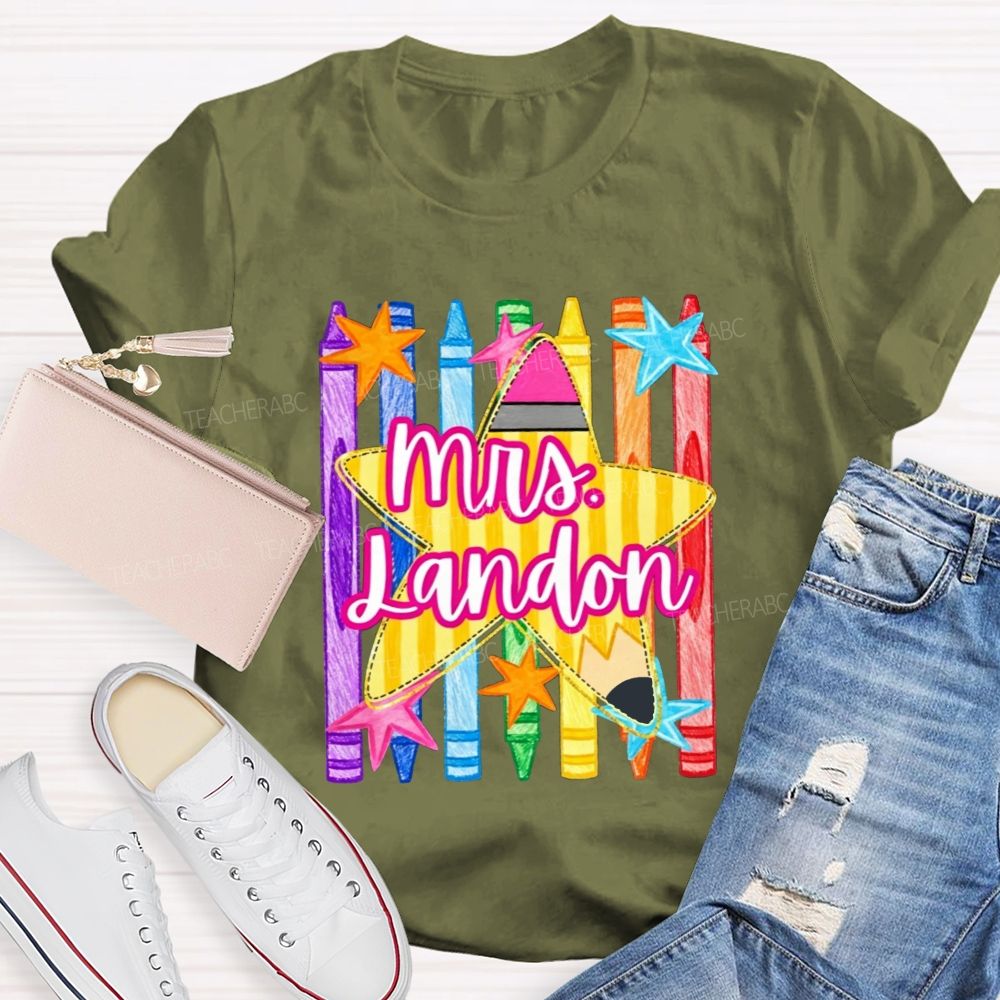 Personalized Name Watercolor Crayon Star Graphic Teacher T-shirt
