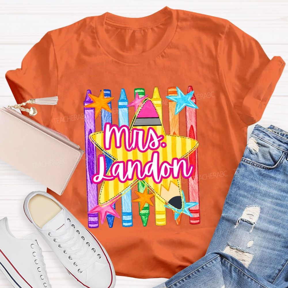 Personalized Name Watercolor Crayon Star Graphic Teacher T-shirt