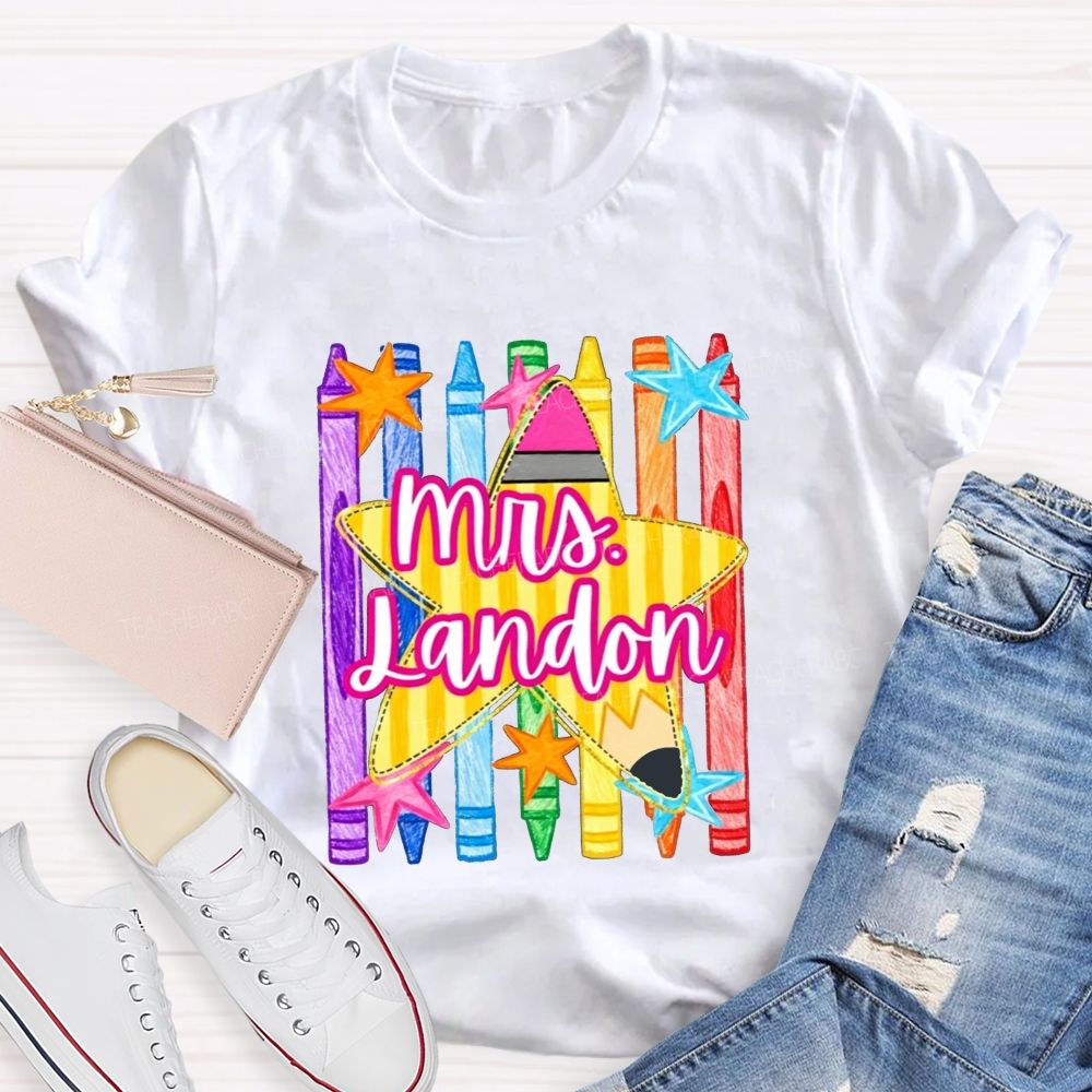 Personalized Name Watercolor Crayon Star Graphic Teacher T-shirt