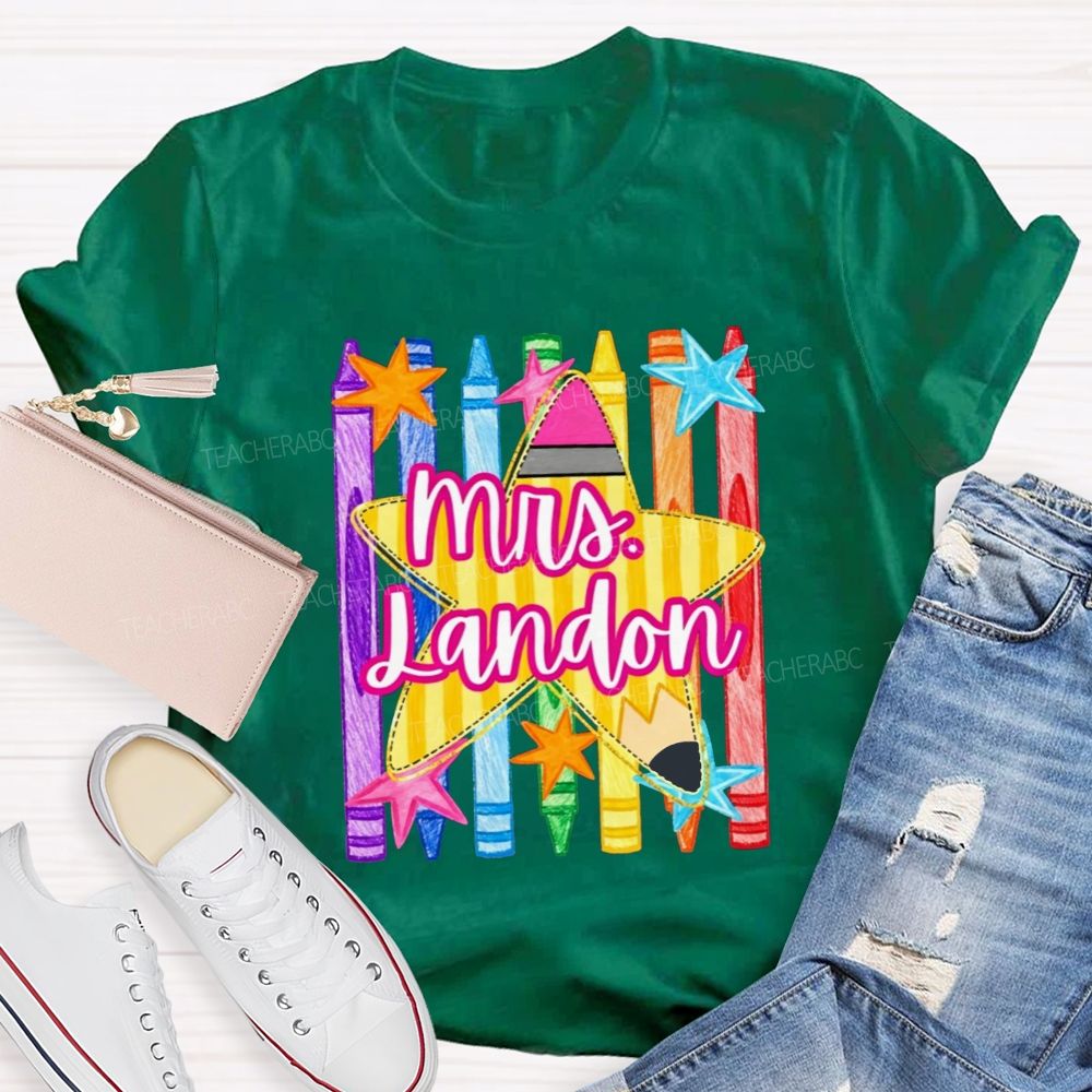 Personalized Name Watercolor Crayon Star Graphic Teacher T-shirt
