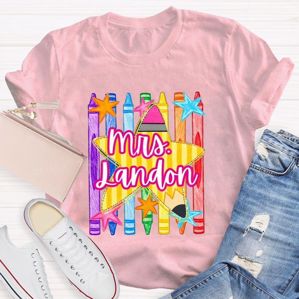 Personalized Name Watercolor Crayon Star Graphic Teacher T-shirt