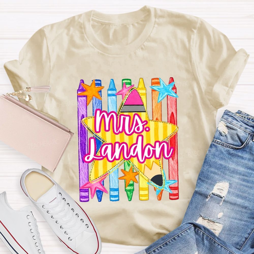 Personalized Name Watercolor Crayon Star Graphic Teacher T-shirt