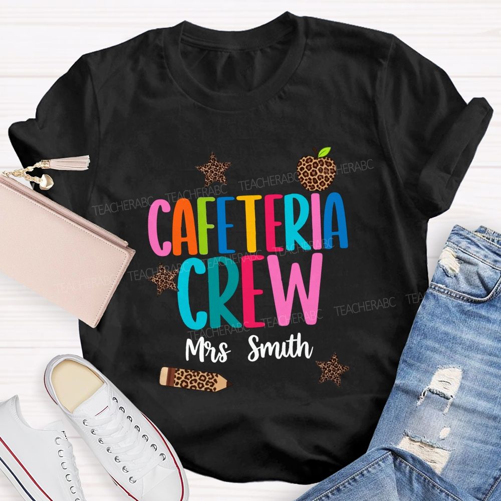 Personalized Name Cafeteria Crew Leopard Apple Star Pencil T-shirt