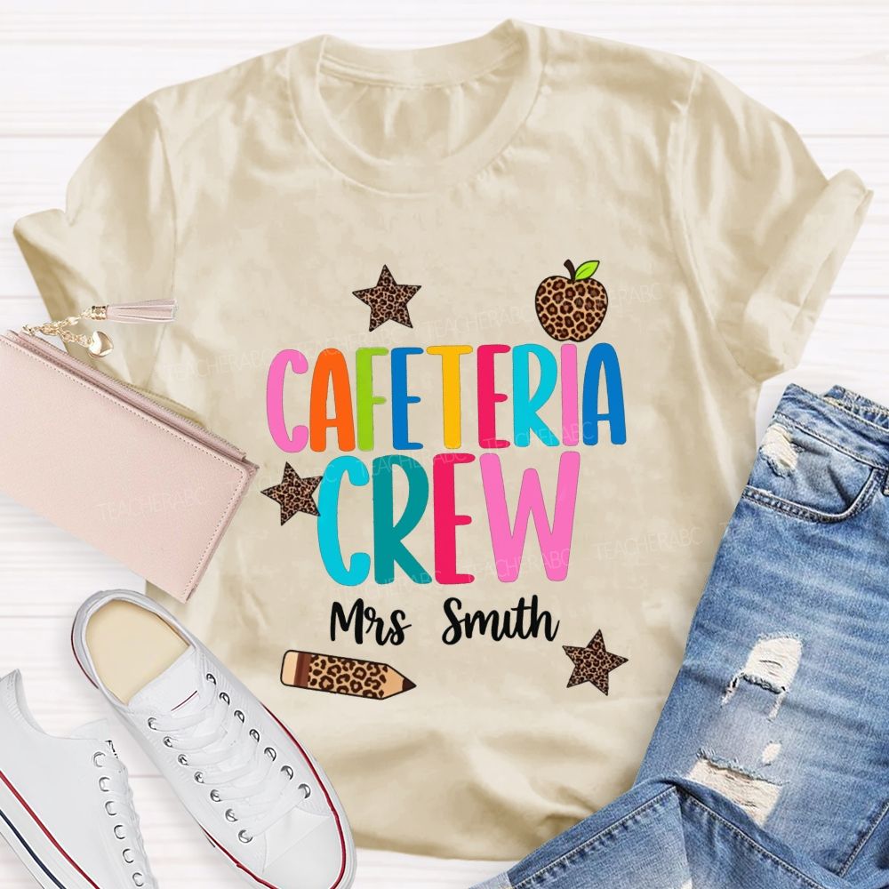 Personalized Name Cafeteria Crew Leopard Apple Star Pencil T-shirt