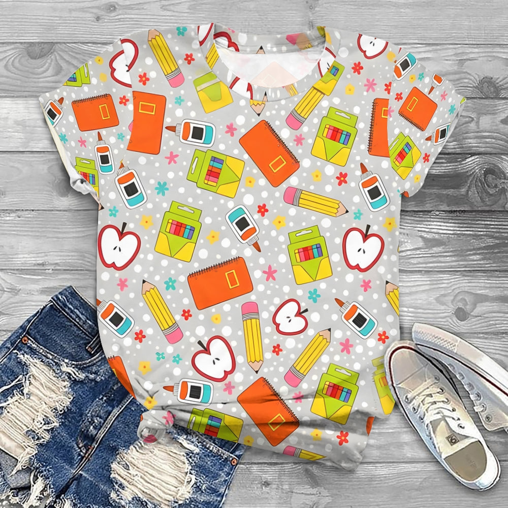 Apple Crayon Back To School Gray Printed T-Shirt