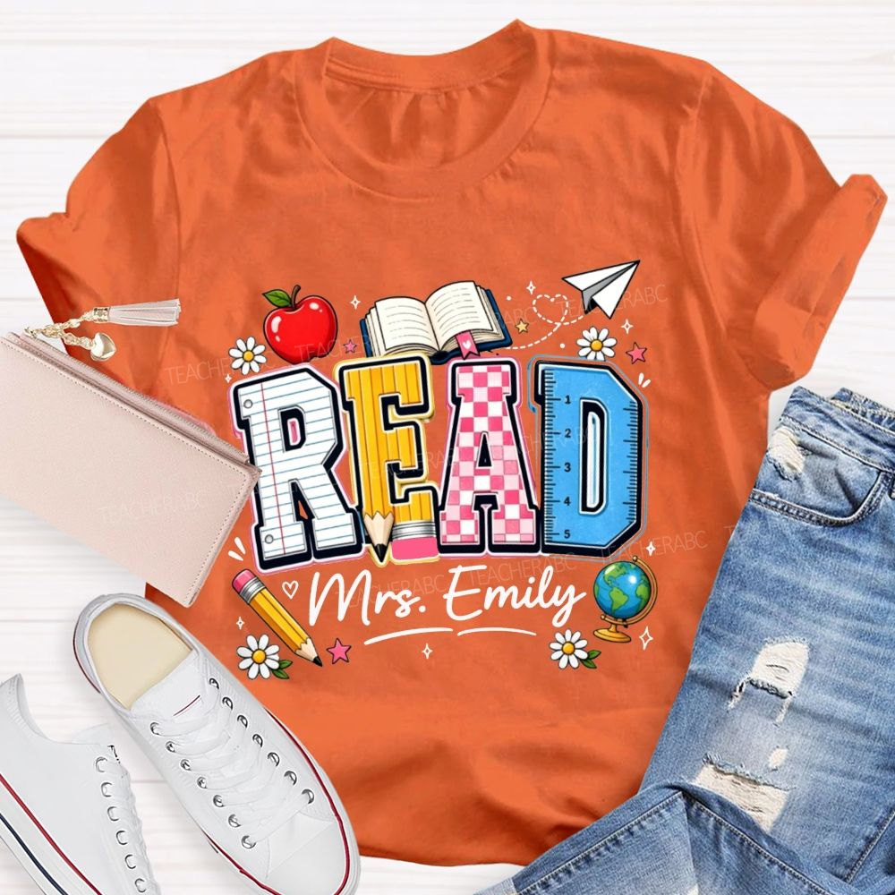 Personalized Name Read Letter Book Apple Teacher T-shirt