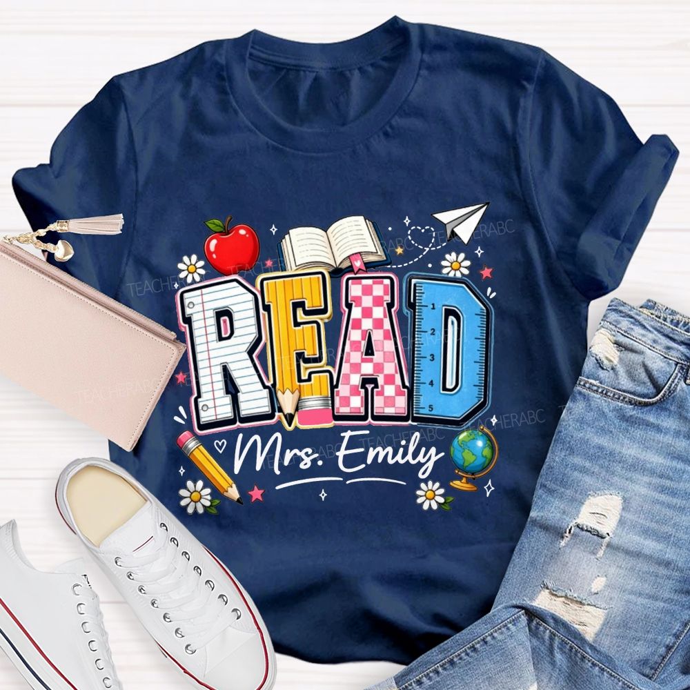 Personalized Name Read Letter Book Apple Teacher T-shirt
