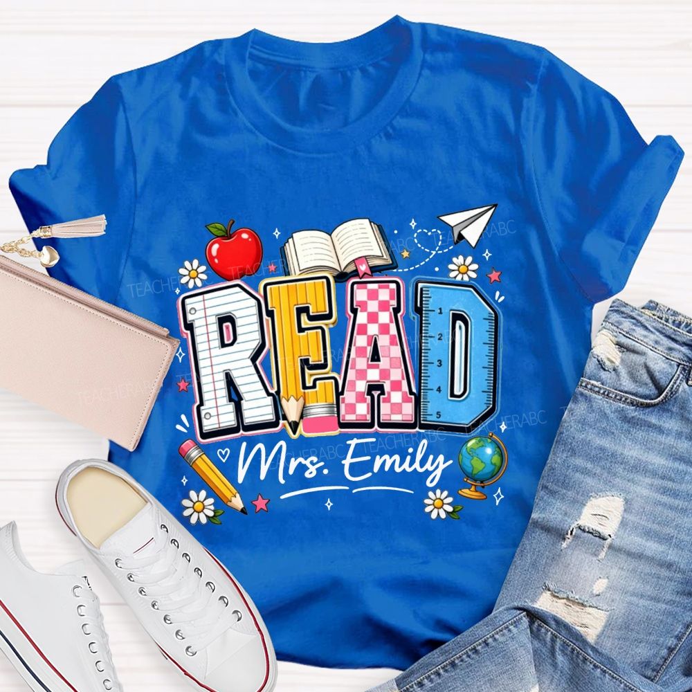 Personalized Name Read Letter Book Apple Teacher T-shirt