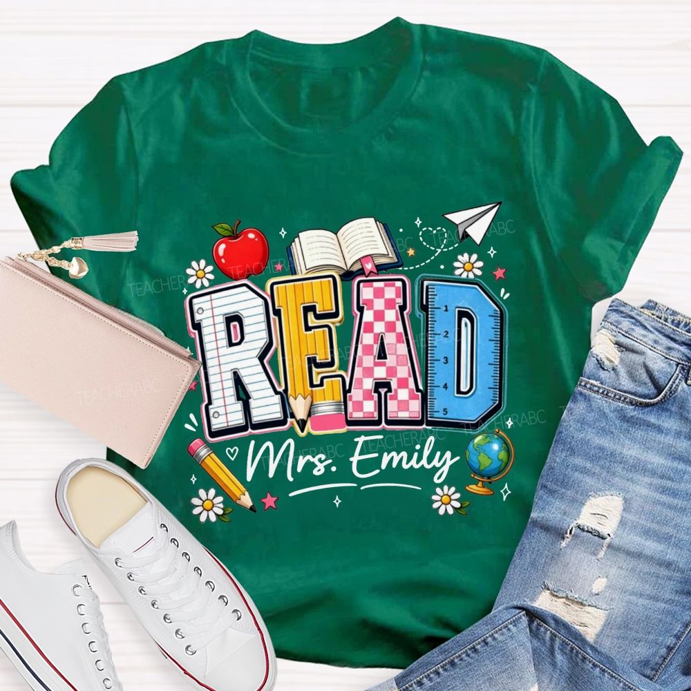 Personalized Name Read Letter Book Apple Teacher T-shirt