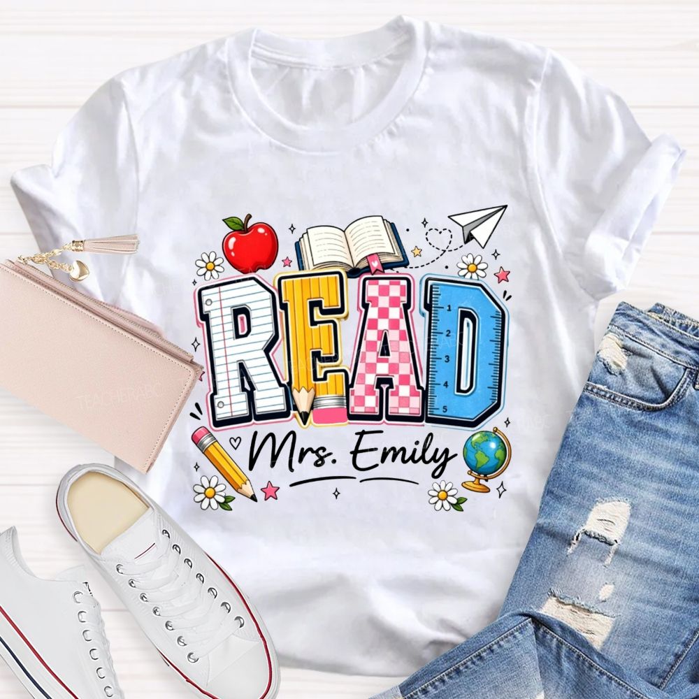 Personalized Name Read Letter Book Apple Teacher T-shirt