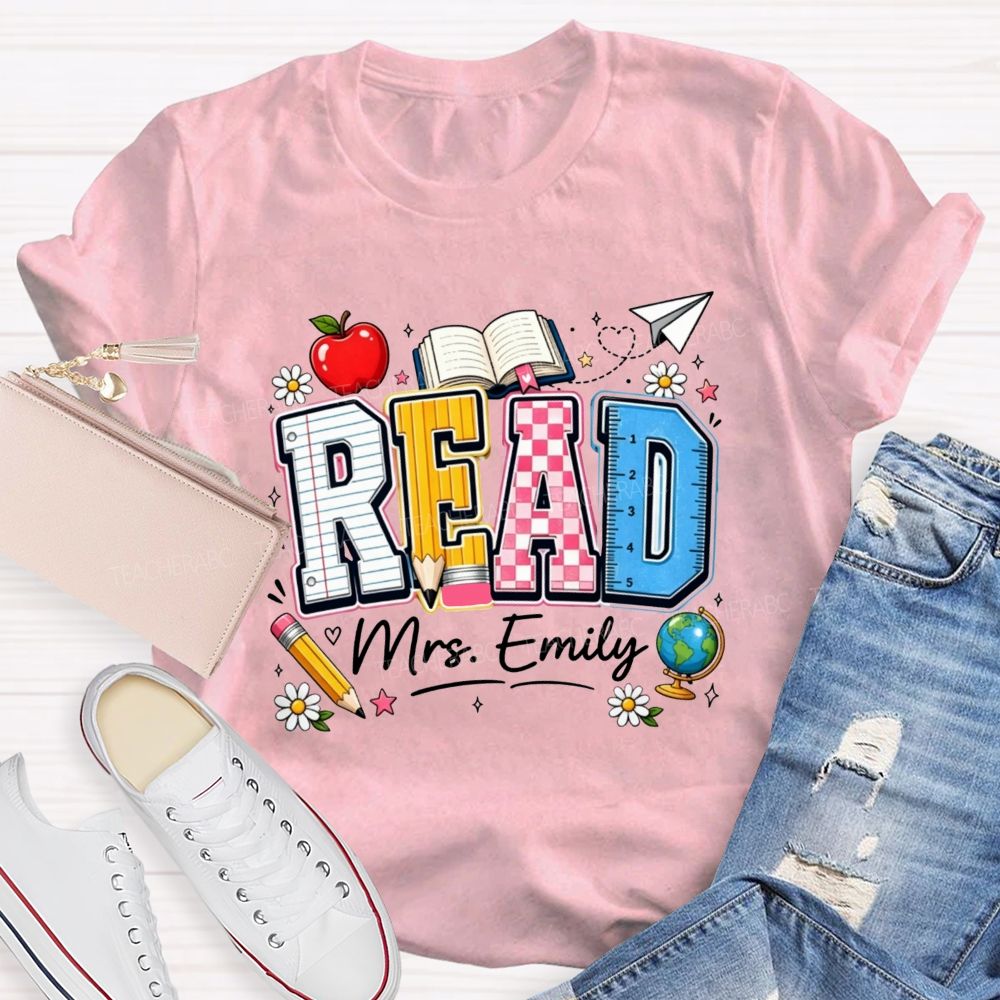 Personalized Name Read Letter Book Apple Teacher T-shirt