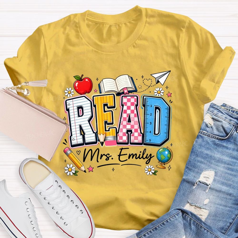 Personalized Name Read Letter Book Apple Teacher T-shirt